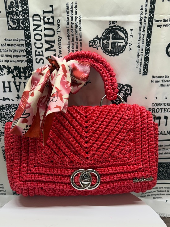 Handbags - Handcrafted Red Crochet Top-Handle Bag with Scarf Accent